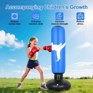 Дитячий боксерський мішок 160 см з рукавичками та насосом, надувний, для занять карате та тхеквондо, ідеальний подарунок для дітей від 6 років (Блакитний)