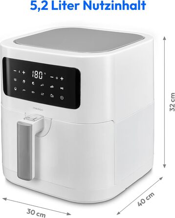 MEDION E40 XL Фритюрниця з гарячим повітрям MD11740 (5.2 л, 2150 Вт, 9 програм, функція випікання, без олії, сенсорне управління, LED дисплей, білий)
