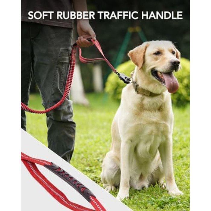 Тактична повідок для собак Joytale, еластична повідок з двома зручними ручками, страхувальний ремінь для автомобіля, повідок без ривка для собак середніх, великих та екстра-великих порід (1.2м-1.8м, червона)