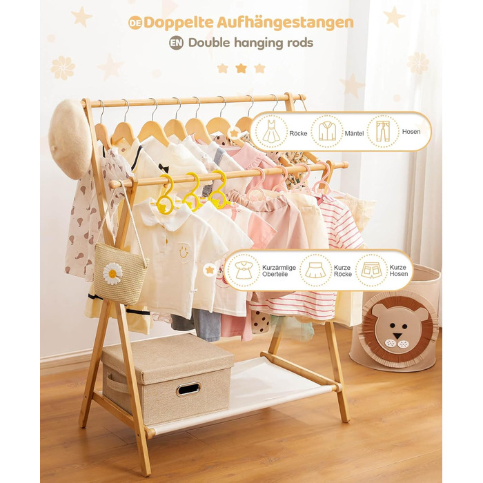 Дитяча вішалка для одягу Yorbay з бамбука, регульована подвійна штанга, з полицями для зберігання, економія місця, натуральний колір