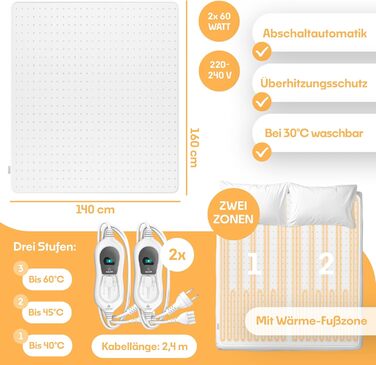 Електрична ковдра KESSER® з автовимкненням та пультом дистанційного керування | 3 температурні режими | Підійде для будь-якого ліжка | Тепла ковдра з м'якого флісу | Білий колір, без візерунка (160x140 см)
