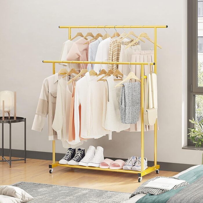 Clothes rack with double bar, rolling clothes rack, portable clothes rack for bedroom, living room, clothing store, gold