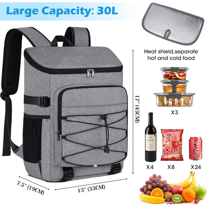 NUBILY 30L Insulated Cooler Backpack - Waterproof Cooler Bag Backpack, Large Insulated Cooler Bag, Thermo Lunch Bag for Camping, Outdoor Activities, Travel, BBQ, Hiking (Gray)