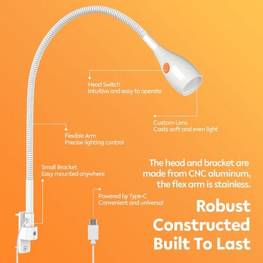 Світлодіодна настільна лампа Acegoo для читання з гнучким регульованим кронштейном (білий). Лампа для ліжка, настінна, диммована, 3000K, поворотна головка для спальні та книг.