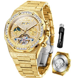 Чоловічий наручний годинник OLEVS G9805 аналоговий, сталевий ремінець, золотий колір, водонепроникний, з календарем та підсвіткою