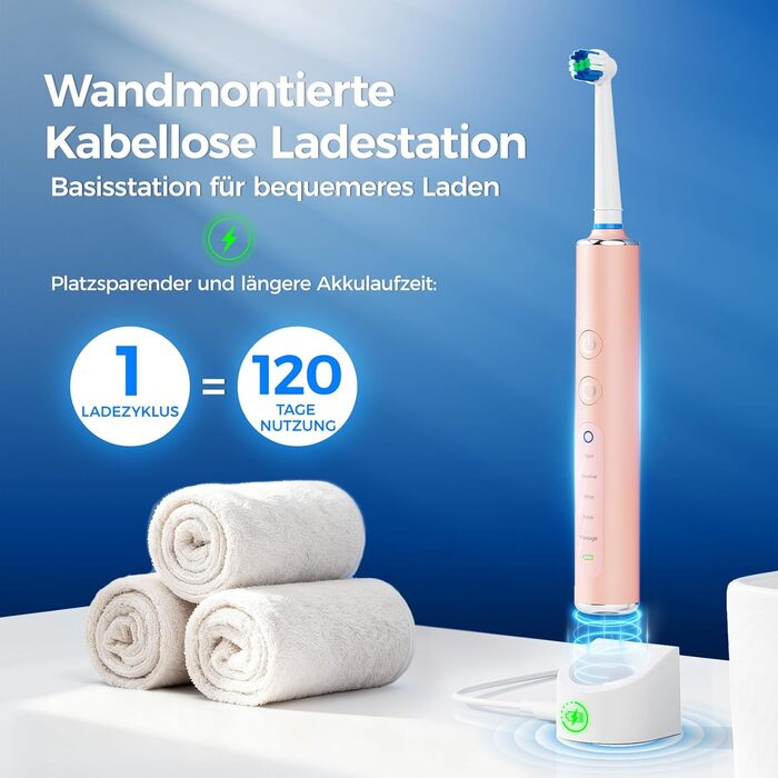 Електрична зубна щітка з круглою головкою – 50 000 рухів/хв, 8 насадок, 3 режими інтенсивності, 5 режимів чищення, 120 днів автономної роботи, IPX7, доросла та дитяча, помаранчево-рожева (1 комплект)