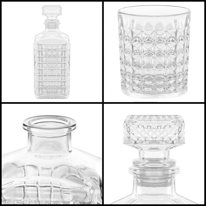 Belle Vous Whiskey Decanter Set (5-Piece) - 500 ml Whiskey Decanter with 4 260 ml Engraved Glasses - Whiskey Set - Ideal for Whiskey, Wine, Brandy, Bourbon, and Other Spirits
