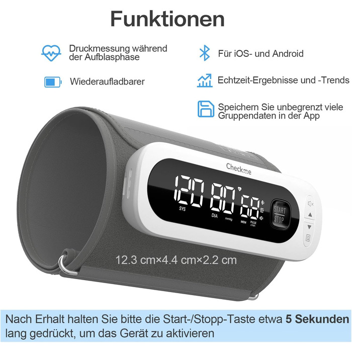 Тонометр на плечі CheckMe BP2A Nexus з великим дисплеєм, середнє значення за 3 вимірювання, бездротова манжета (22-42 см), додаток для iOS/Android, легке читання та професійна точність