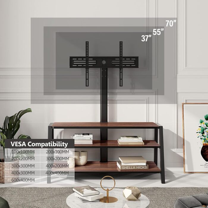 FITUEYES TV Stand with Mount - Adjustable Height TV Console for 37-70 inch TVs (up to 35kg) - Brown Wood