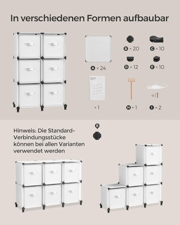 SONGMICS Cube Shelf with 6 Boxes, Shelving System, Storage Shelf with 6 Cubes, DIY, Expandable, Space-Saving, Bedroom, White LPC062W06