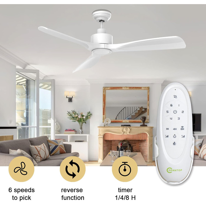 Сучасний стельовий вентилятор 132 см Zeitgemäß з LED-підсвічуванням та пультом керування, матовий білий колір, тихий DC-двигун, висока продуктивність, 6 швидкостей