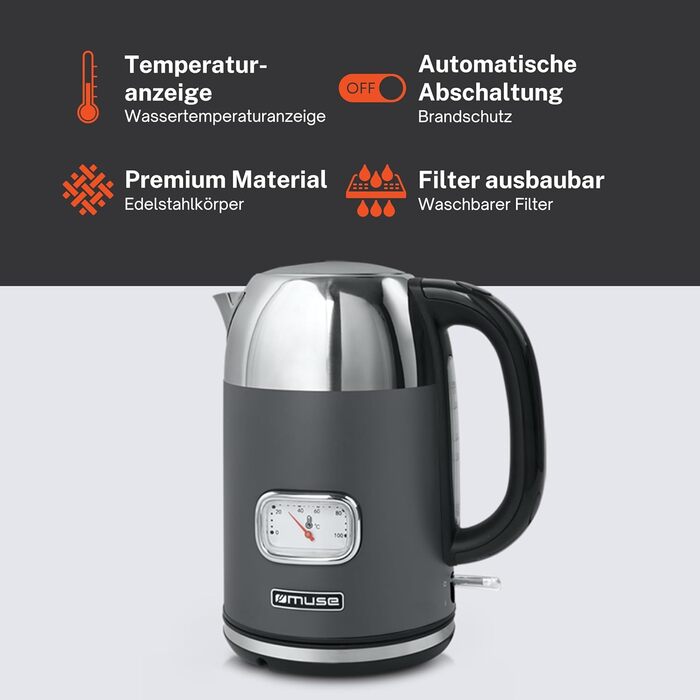 Електричний чайник зі сталі Muse Retro з аналоговим термометром, фільтром, прозорою шкалою, об'ємом 1,7 л, автоматичним відключенням, матовий золотий (MS-030 BC) (Сірий)