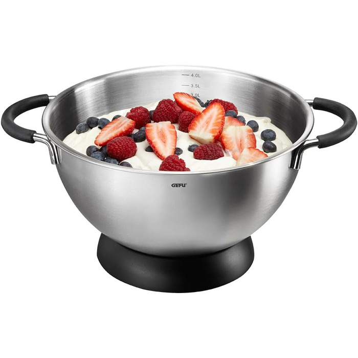 GEFU Mixing and Whisking Bowl MESCO – Stainless steel bowl with 4L volume, silicone handles & stand ring | With internal scale | Ø 24cm
