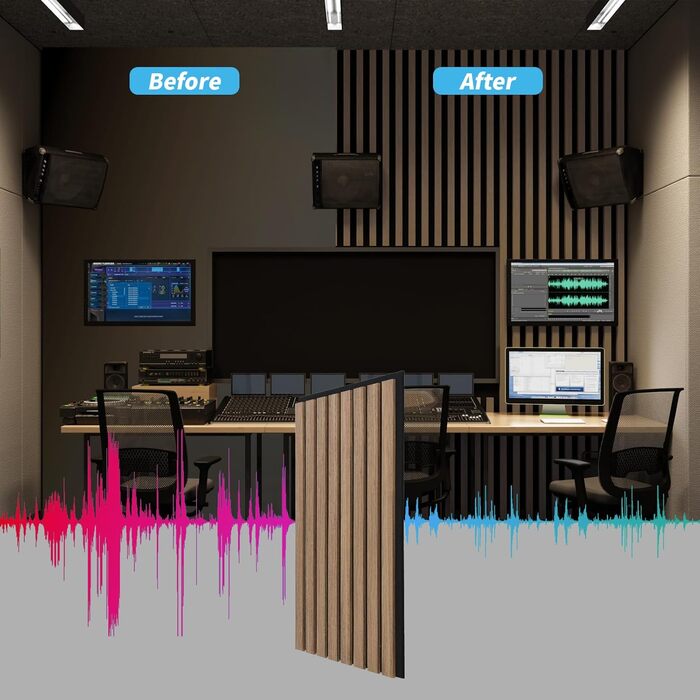 Акустичні панелі Art3d Темний горіх, 3D стінові панелі для звукоізоляції офісу, студії та вітальні, шпоноване дерево з фетровою основою, 60x30 см (набір 4 шт, 0.72 м²)