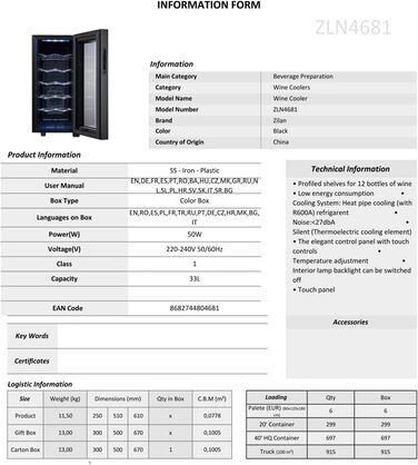 Виставковий винний холодильник Zilan на 12 пляшок, 33 літри, LED, тихий, міні-винний кліматичний шкаф з дверцятами зі скла