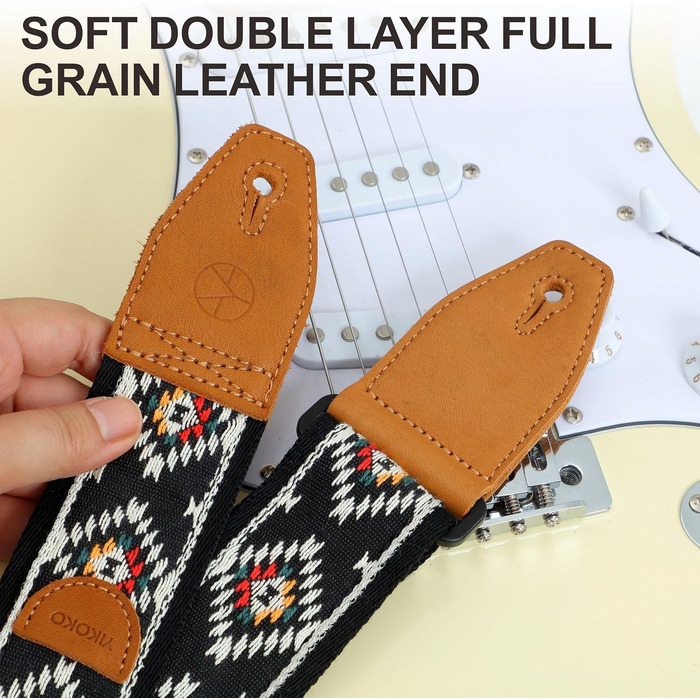 Гітарний ремінь 5,1 см з бавовняного друку, квітковий принт, з повнозернової шкіри, для бас-гітари, електрогітари та акустичної гітари, безкоштовна кнопка для ремінця, фіксатори ремінця та медіатори. Жовті ромашки (Чорний діамант)