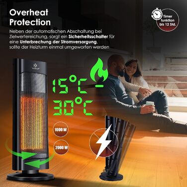 Обігрівач KESSER® 2000W з пультом керування, керамічний, тихий, з осциляцією, таймером, чорний