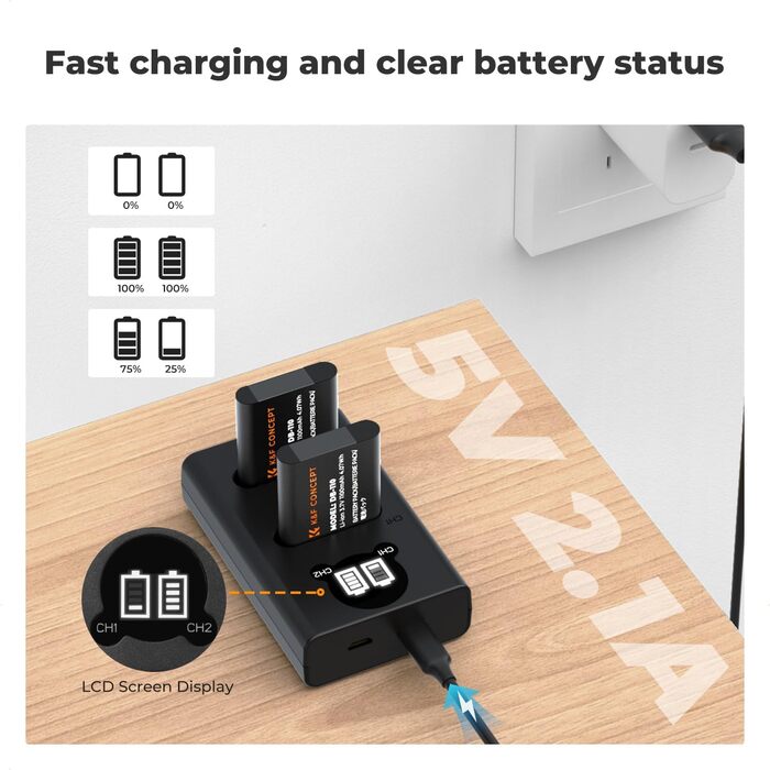 Акумулятор K&F CONCEPT DB-110 1100mAh 2 шт. з зарядним пристроєм Dual Slot, сумісний з Ricoh GR III, GR IIIx, Theta X, WG-6, G900 II, G900SE II, Olympus TG7/6/5/4