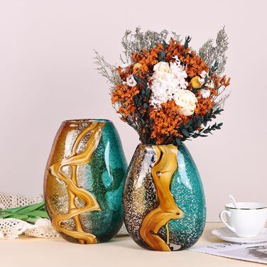 PlivBloom Blue-Green Glass Heads - Hand Blown Murano Glass Flower Vase Decor for Bookshelf & Living Room