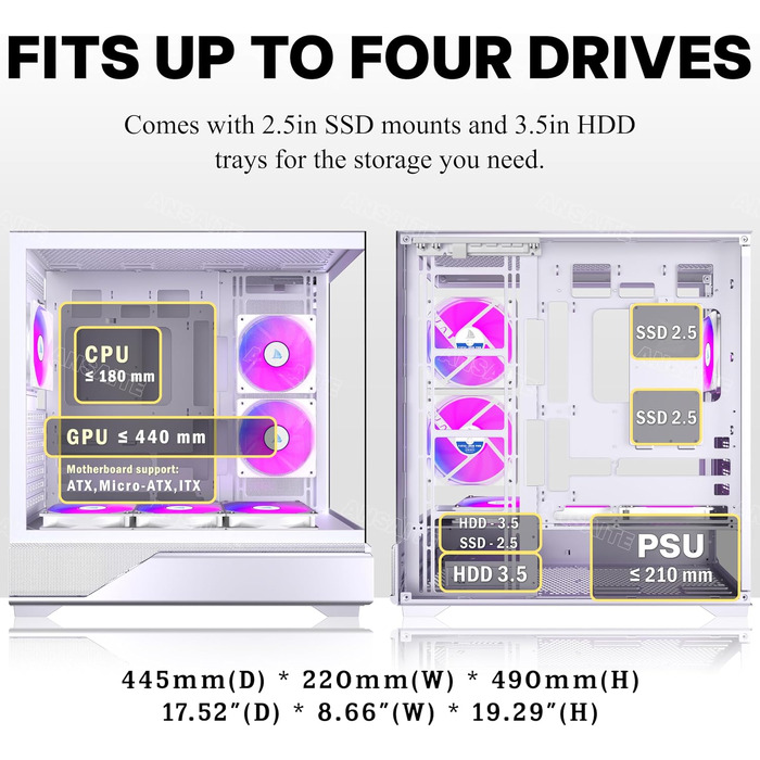 Ігровий корпус для ПК ANSAITE ATX Mid-Tower, 6 ARGB PWM вентиляторів, панорамне загартоване скло, USB Type-C, підтримка радіатора 360мм, Чорний