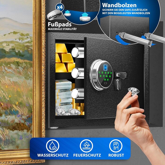 Електронний сейф KESSER® з відбитком пальця та замком | З резервним акумулятором | Сейф для підлоги, стіни, меблів | Чорний | 3-х болонцева замикання