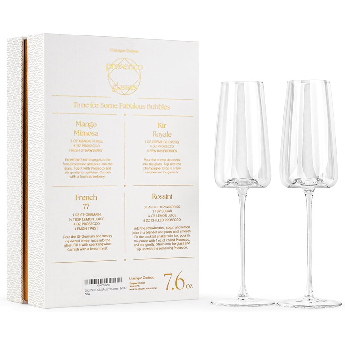 Набір келихів для шампанського та просекко GLASSIQUE CADEAU (2 шт.) | Келихи-флейти з довгим ніжкою для Мімози, Белліні, Гуго, шампанського | Елегантний дизайн