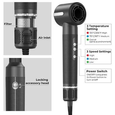 UKLISS Air Styler 7 в 1: Фен-щітка з 7 насадками для сушіння, локонів та об'єму. Іонізація, чорний