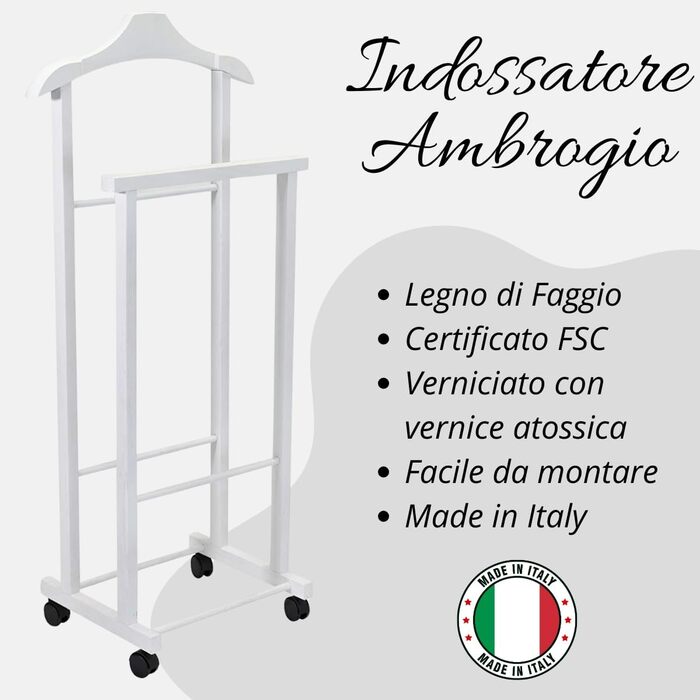 Tomaino - Valet's Bedroom Wood - Clothes Rack with Wheels Ambrogio - Modern Valet for Clothing and Accessories (White)