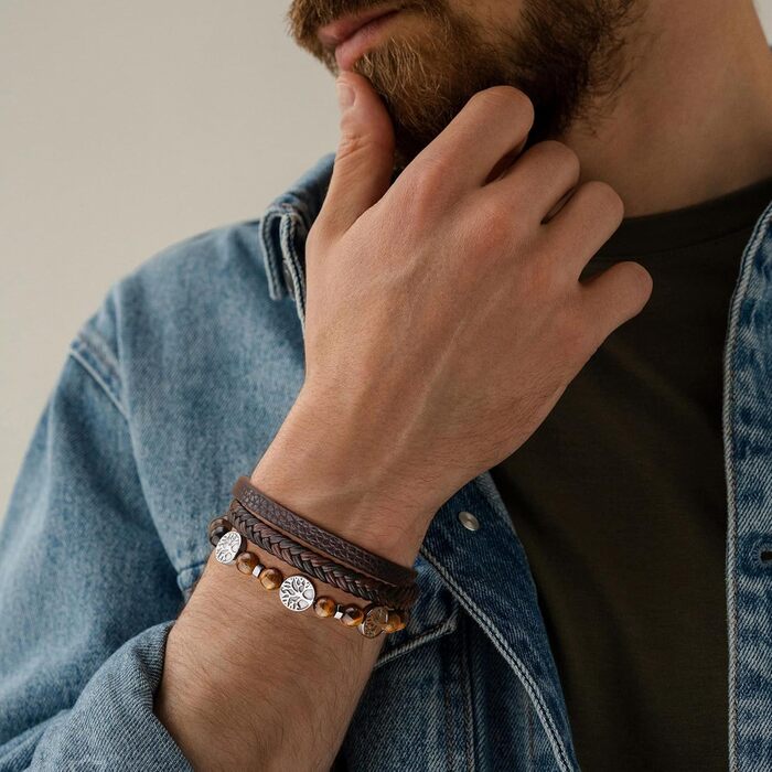 Чоловічий браслет Dochais з нержавіючої сталі та натуральної шкіри з хрестом Ісуса Христа, плетіння з натурального каменю, магнітна застібка, аксесуар для чоловіків (колір: коричневий, розмір: 19 см)