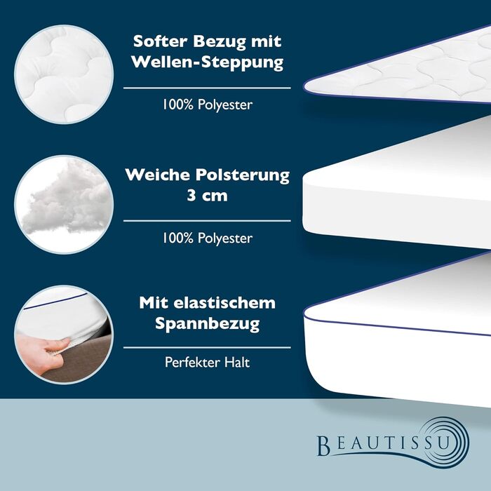 Beautissu Mattress Topper 100x200 cm with Integrated Fitted Sheet - Topper 100x200 cm for Box Springs & Mattresses up to 40 cm Height - 3 cm Mattress Pad, Non-Slip Mattress Protector - BeauNuit MT Base