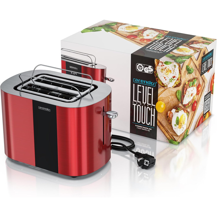 Тостер Arendo з нержавіючої сталі, 2 відділення, сенсорний дисплей, подвійні стінки, 800 Вт, підставка для тостів, 6 рівнів підсмажування, центрування хліба, індикатор часу, функція пам'яті (колір: кармінний)