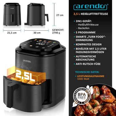 Аерофритюрниця Arendo 2.5л - Мала, з таймером, підтриманням температури, 5 програм, 60-200°C