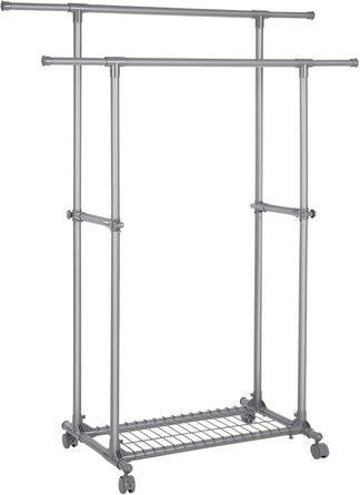 SONGMICS Clothes Rack with Double Rod, Clothes Stand, Mobile, Extendable between 87 and 150 cm, with Wheels and Storage Shelf, Load Capacity 70 kg, for Coats, Scarves, Grey, LLR13GY
