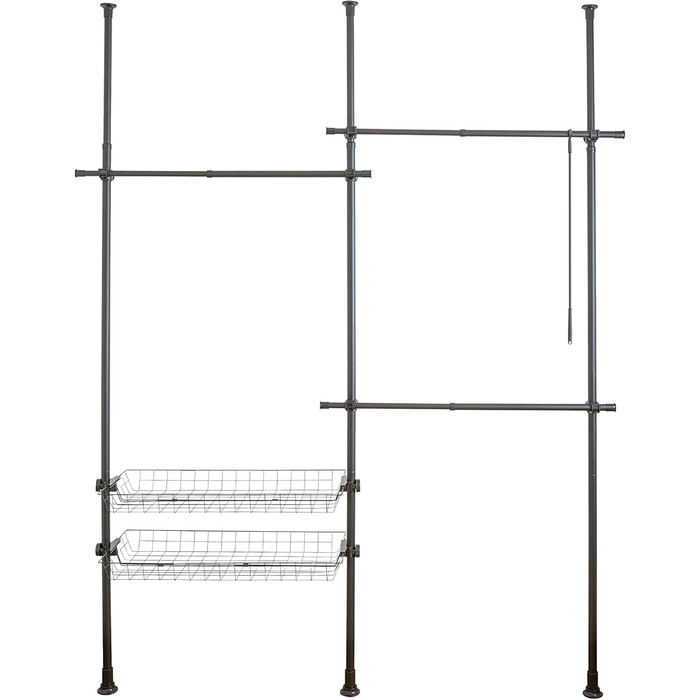 WENKO Telescopic System Hercules Duo, 3 Clothes Rails, 2 Storage Baskets, Extendable, Powder-Coated Metal, 164-215 x 165-300 x 38 cm, Matte Black