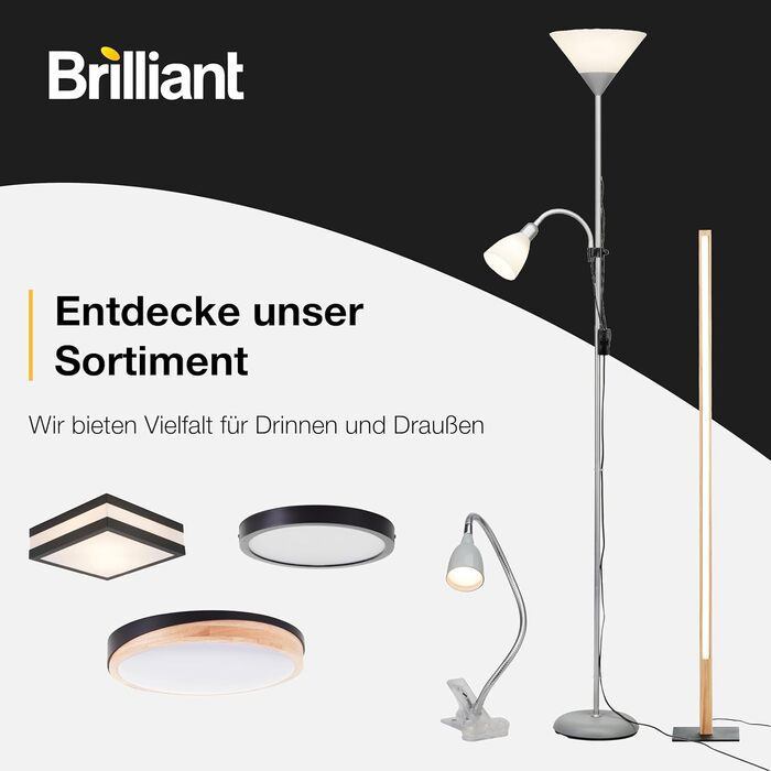 Стеля-прожектор Brilliant Spari з лампою для читання, чорний/білий – LED підлогова лампа – 1,8 м – сумісна з LED-лампочками (патрони E27 та E14) – регульована ручка для читання – без LED-ламп