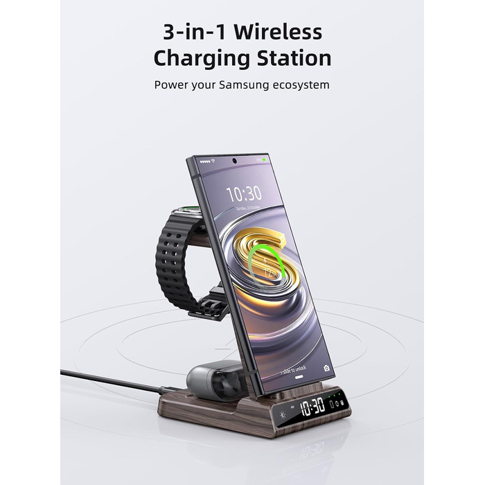 Бездротовий зарядний пристрій для Samsung Galaxy: зарядка для S25 Ultra, Watch Ultra/8/7/6, S24 Z Fold 6/Z Flip 6, Buds (з текстурою дерева)