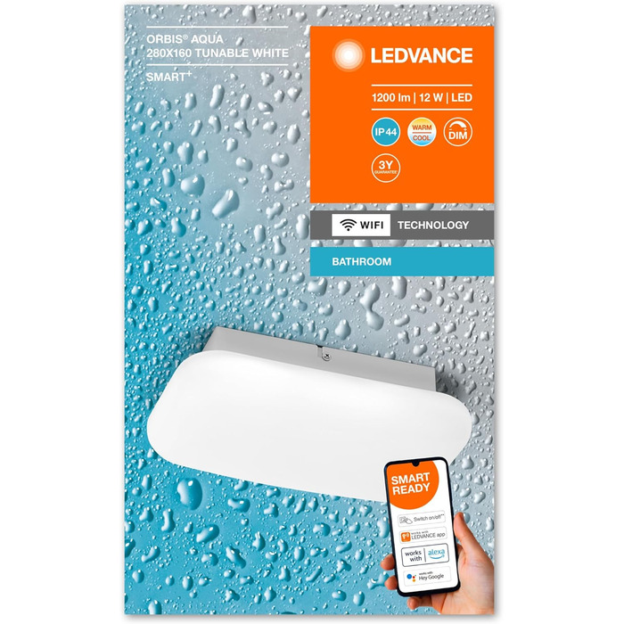 LEDVANCE Smart LED Bathroom Lamp white, 1200LM, 3000-6500K, 300mm x 70mm, IP44, Orbis Bath Bathroom Light with Wifi Technology, dimmable, controllable via App and Voice Assistants (White, 28 x 10 cm, Aqua)