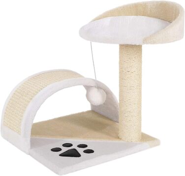 Kratzbaum, small with plush ball & scratching arch, height 43 cm, cozy lying area made of soft plush, stable with sisal rope for claw care, suitable for small & large cats, beige/white