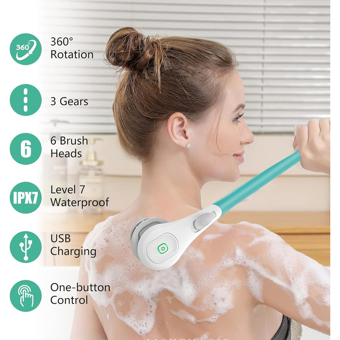 6-in-1 Electric Back Brush, Shower Brush with 6 Multifunctional Cleaning Heads, Body Brush 360° Rotation, IPX7 Waterproof 3 Speed Spin Cleaning Brush for Men Women