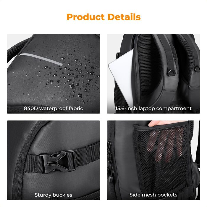 Фоторюкзак K&F Concept 25L: Водонепроникний рюкзак для фототехніки з захистом від дощу, відділенням для ноутбука 16 дюймів (чорний)