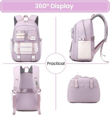 Дитячий рюкзак IvyH для дівчаток – велика місткість, водонепроникний, ідеальний для школи, 2-6 клас, фіолетовий