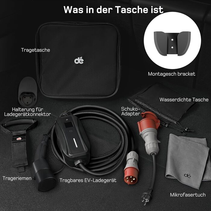 Мобільна зарядна станція для електромобілів Dé 11 кВт (3 фази, 7м, 6-16A) з регулюванням потужності, кабель CEE 16A на Typ 2, сумісна з Model Y/3, ID.3/4/5, MG4, EX30, e-up, e-tron, Zoe та іншими електромобілями