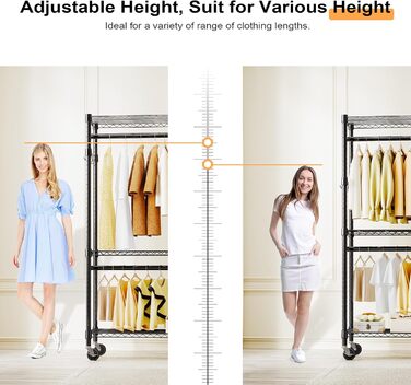 Міцний мобільний вішак для одягу з 3 рівнями, регульованими полицями, 2 штангами та гачками, чорний 40x75x189.3 см