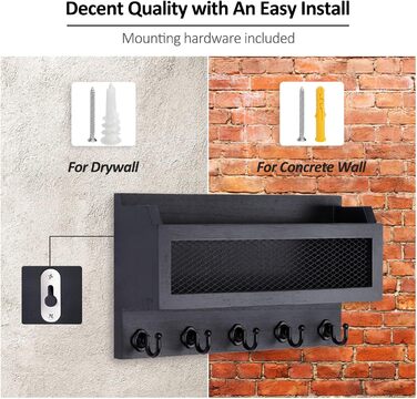 Brief and key holder for wall decoration, 27.9 cm (11 inches) wooden wall key organizer with 5 key hooks, wall mount, storage shelf for entryway, hallway (white) (black)