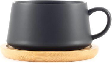 Набір кавових чашок 6 шт. об'ємом 360 мл, кераміка преміум-якості, велика ручка, для кави та чаю, чорний колір з підставками, 4 шт.