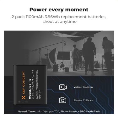 Акумулятор K&F CONCEPT DB-110 1100mAh 2 шт. з зарядним пристроєм Dual Slot, сумісний з Ricoh GR III, GR IIIx, Theta X, WG-6, G900 II, G900SE II, Olympus TG7/6/5/4