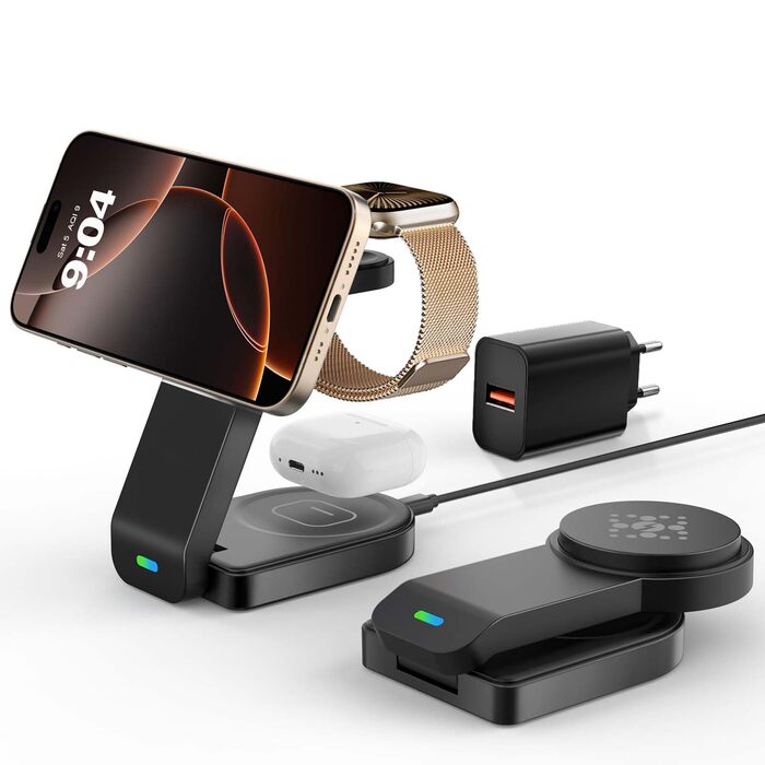 Магнітна складана бездротова зарядка 3-в-1 для Apple iPhone, iWatch, AirPods (Чорний)