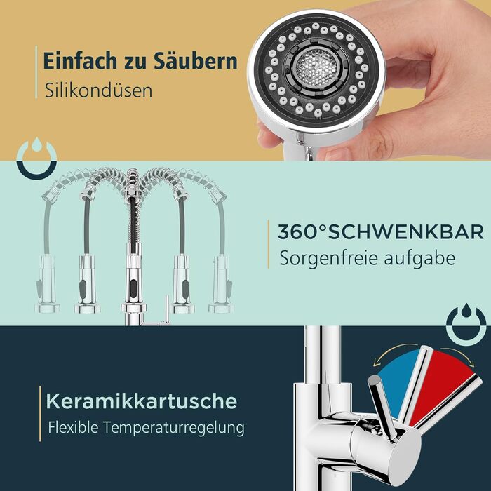 Змішувач кухонний FORIOUS висувний з душем, однорідний, 360° обертання, хром, з витяжкою