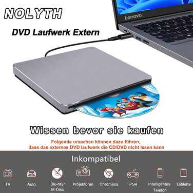 Зовнішній DVD-привід для ноутбука та ПК: Портативний CD/DVD гравер та плеєр USB Slot-in для Mac, MacBook, Windows, Apple-комп'ютерів, сірий