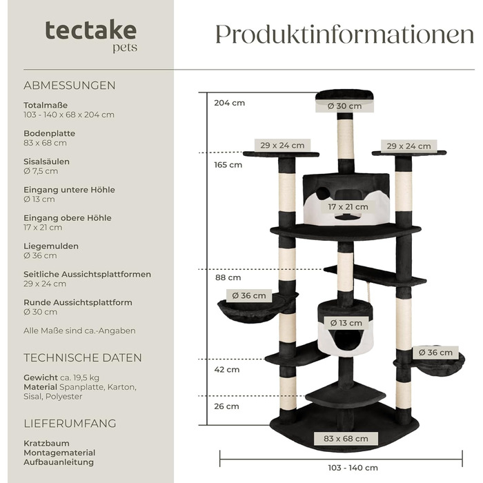 Дерево для котів tectake® XXL з іграшками, велике, з лежаком, 2 котячі будиночки, кігтеточка з сизалевого мотузка, сірий/білий (чорний/білий)